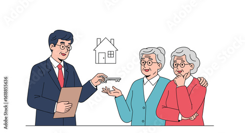 Real estate agent handing over house keys to elderly couple representing home ownership and senior living transition