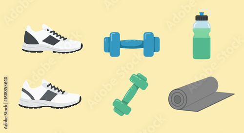 Flat illustration of fitness equipment including sneakers, dumbbells, water bottle, and yoga mat.