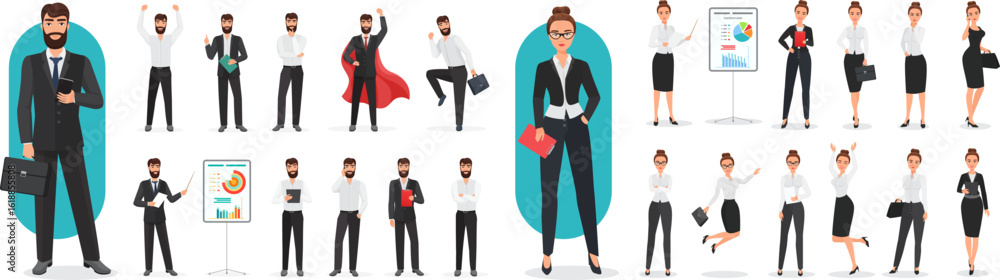 Fototapeta premium Businessman and businesswoman poses set vector illustration. Cartoon employee or director characters in office suits talking, professional managers from corporate team standing, jumping isolated white