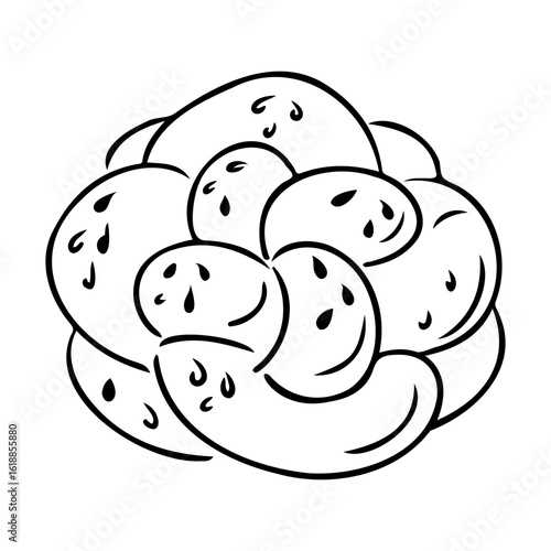 Hand drawn outline of a braided challah bread with poppy or sesame seeds on top. Concept of traditional baking, Jewish culture and festive bread illustration