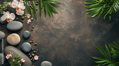 A background with massage stones, various relaxing leaves, and flowers for a spa