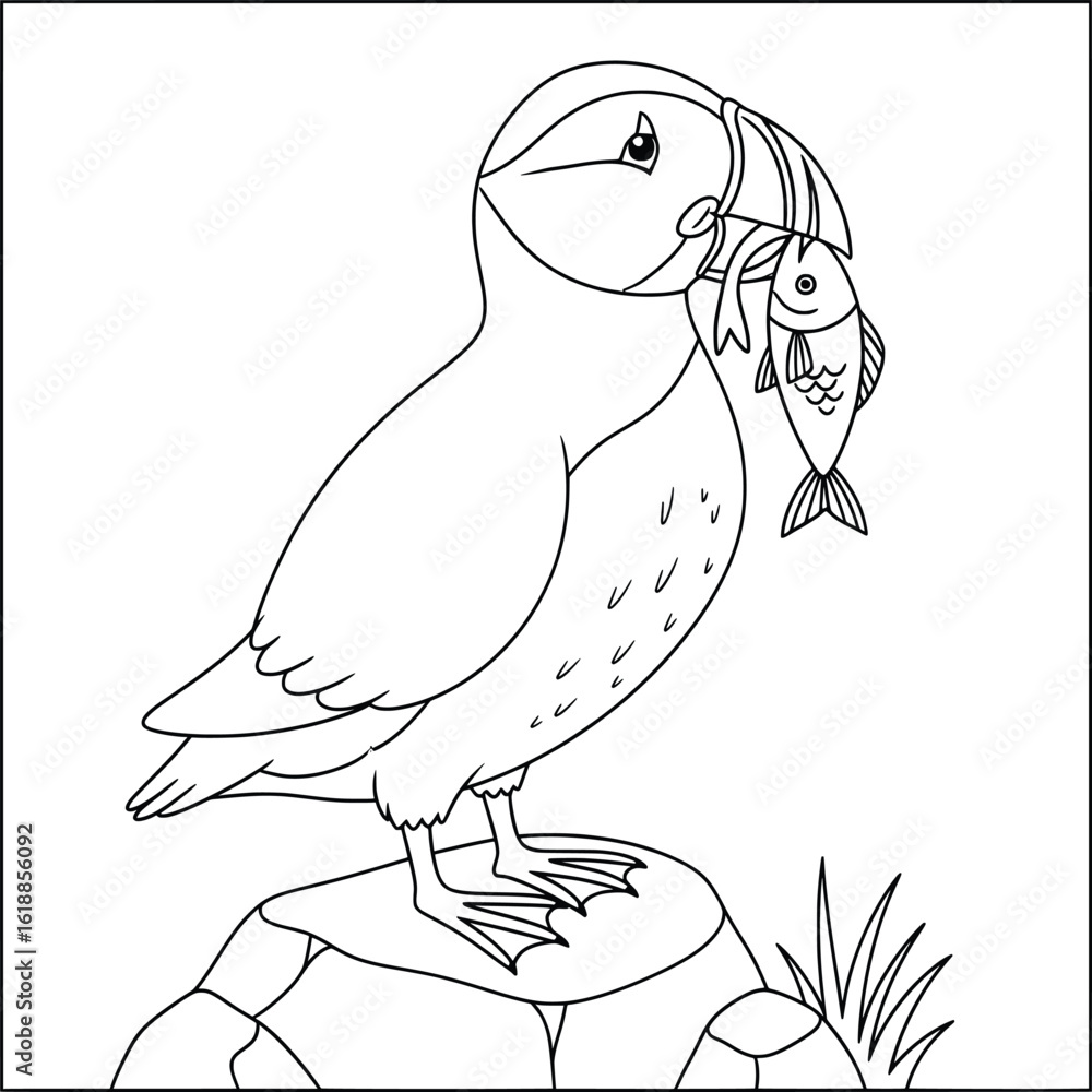Obraz premium Cartoon puffin coloring page featuring a puffin standing on a rock holding a fish in its beak, illustrated in a simple black-and-white line art style, perfect for kids’ creative fun.