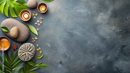 A background with massage stones, various relaxing leaves, and flowers for a spa