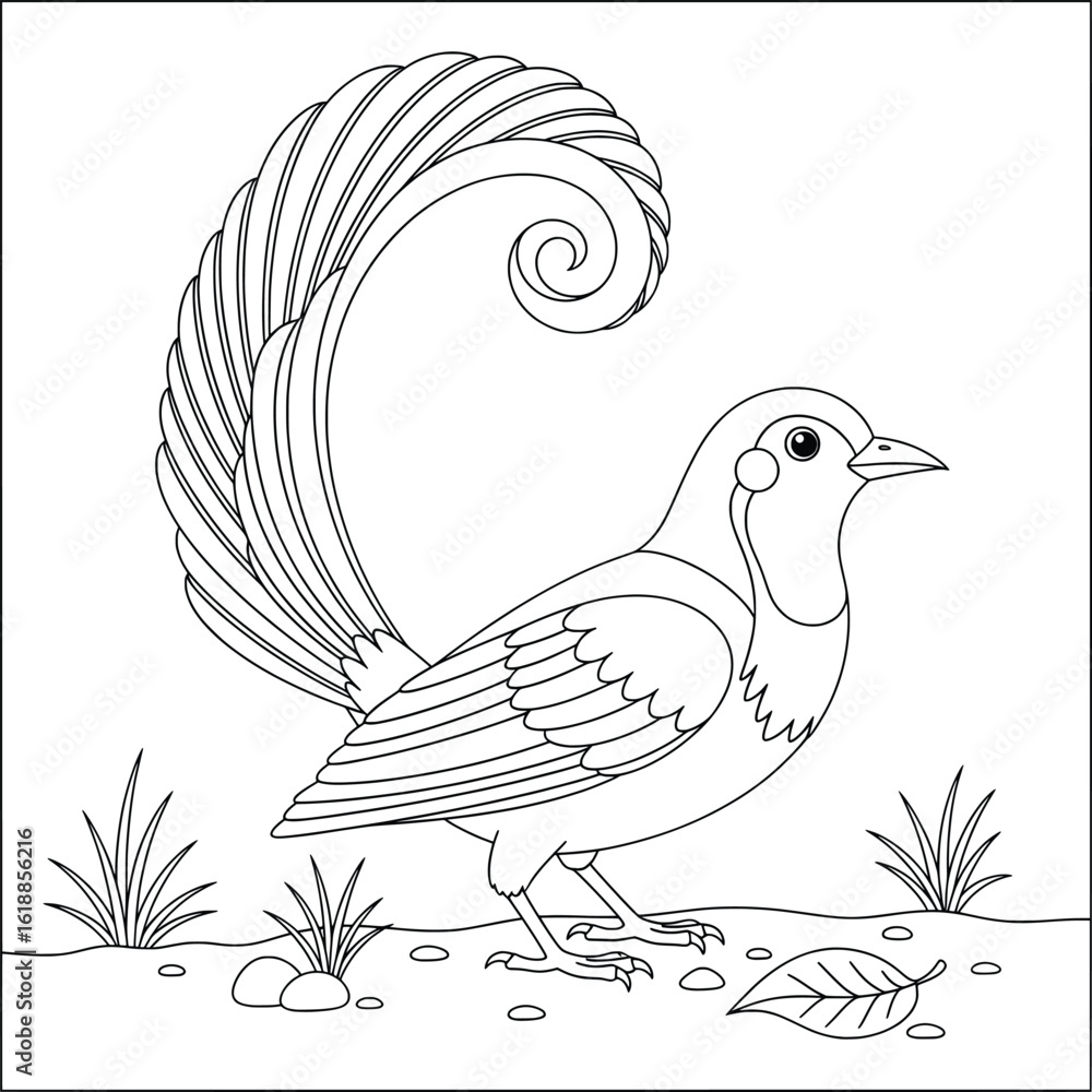 Naklejka premium Beautiful bird coloring page featuring a bird with an elegant spiral tail standing on the ground with grass and leaves, illustrated in a detailed black-and-white line art style for creative coloring.