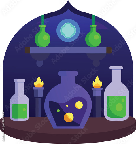 Witchs Potion Room With Glowing Bottles And Magi