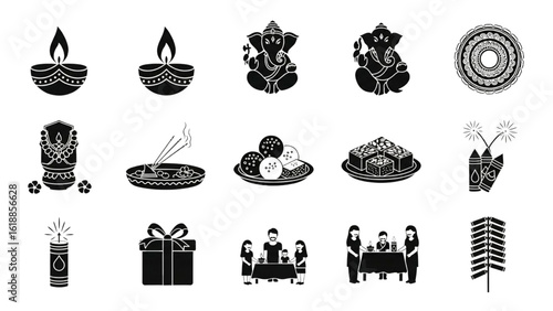 Diwali Celebration Icon Set – Vector Illustration with Diya Lamps, Ganesh, Rangoli, Sweets & Rituals

