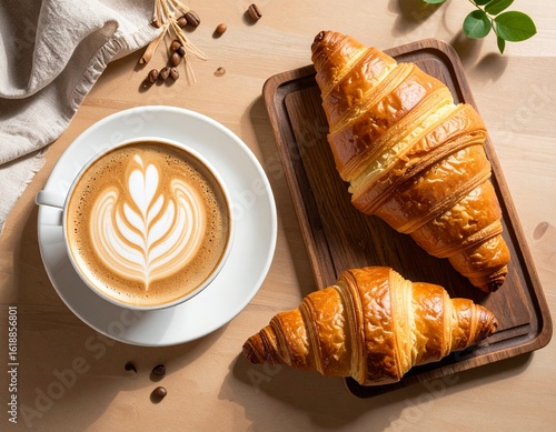 Minimalist Breakfast Table with cappuccino and croissants