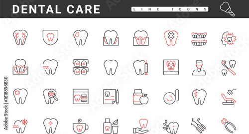 Dental care thin red and black line icons set vector illustration. Abstract dentistry instruments and orthodontic examination in stomatology clinic, bad human tooth treatment and symptoms of caries