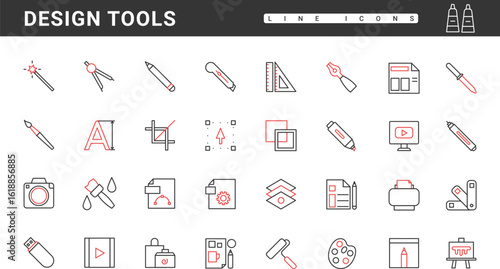 Digital design tools thin red and black line icons set vector illustration. Abstract paint brush and crop, pencil and pen cursor manipulation, software shop for portfolio and graphic projects