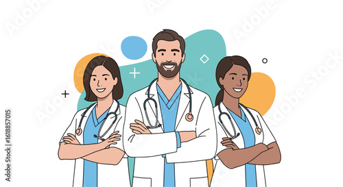 A diverse team of confident medical professionals standing together ready to provide excellent patient care