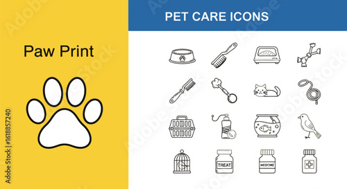 Clean Line Drawing of a Paw Print, Pet Care Icons Featuring a Dog Bowl, Brush