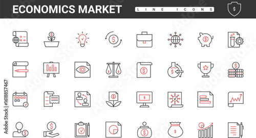Economics, statistics and stock market signs for accountant work, thin red and black line icons set vector illustration. Abstract financial data graphs and charts rise up, profit analysis presentation