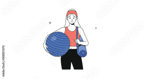 A person dressed in athletic wear holding a large blue fitness ball and a gym bag ready for a workout session