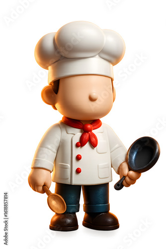 3D cartoon chef character holding pan and ladle in glossy toy style