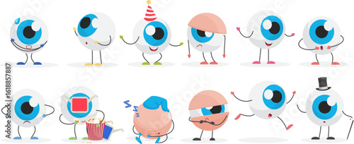 Funny eye ball characters set vector illustration. Cartoon eyeballs with blue cornea and black pupil and funny facial expression, happy and sad comic emoticon isolated white. Optometry concept