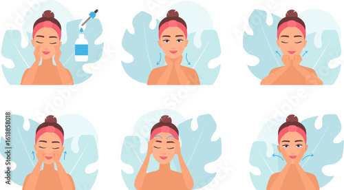 Facial beauty care, massage steps set vector illustration. Cartoon young woman moisturizing face with serum, touching and massaging skin along massage lines isolated white. Instruction concept