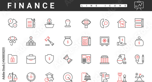 Business and finance, marketing strategy, financial development thin red and black line icons set vector illustration. Abstract currency exchange, bank deposit and payment, stock market symbols