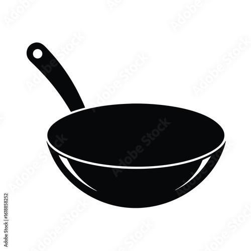 Clean black cast iron frying pan with handle, isolated on white background, a common kitchen cooking utensil