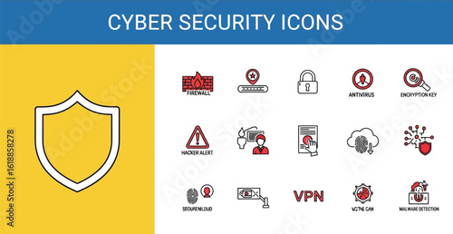 Collection of Cyber Security Icons Featuring Firewall, Antivirus, Encryption Key