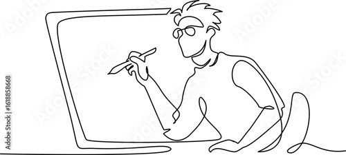 Concept of freelance graphic designer, illustrator, artist, cartoonist. Boy drawing cartoon using tablet and create art