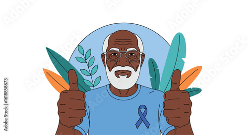 Senior man with diabetes awareness ribbon gives thumbs up surrounded by green leaves and orange leaves