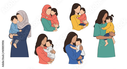 Diverse mothers cherishing their children together in heartwarming family moments