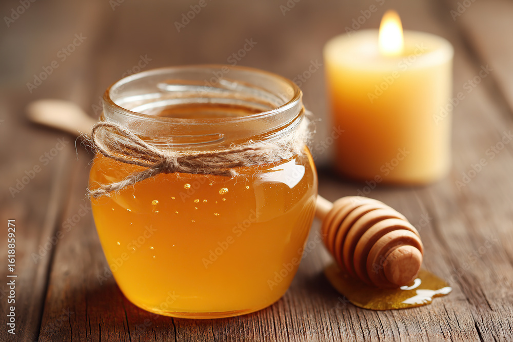Golden organic honey in a jar with a honey dipper and candle on wooden table Golden organic honey in a jar with a honey dipper and candle on wooden table