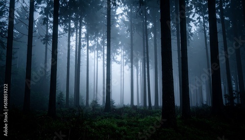 Fototapeta Naklejka Na Ścianę i Meble -  Misty, dark forest scene