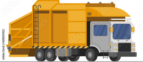 Garbage truck, municipal lorry and collector of waste vector illustration. Cartoon yellow industrial trailer moving rubbish to city landfill isolated on white. Transport, environment, service concept
