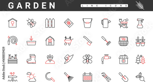 Garden tools and farming equipment for landscape design, care vegetables and flowers thin red and black line icons set vector illustration. Abstract shovel rake secateurs flowerpot wheelbarrow