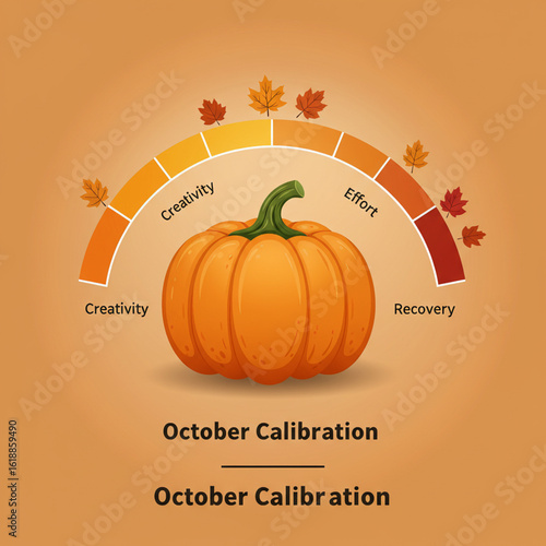 Vector illustration of bright orange pumpkin gauge with semi-circular gradient scale labeled creativity effort recovery, autumn leaves as markers, on beige background with October Calibration text