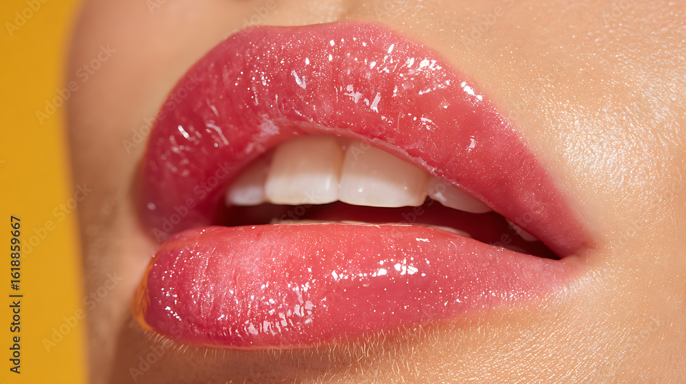 Naklejka premium Luscious pink lips with glossy shimmer and white teeth mouth