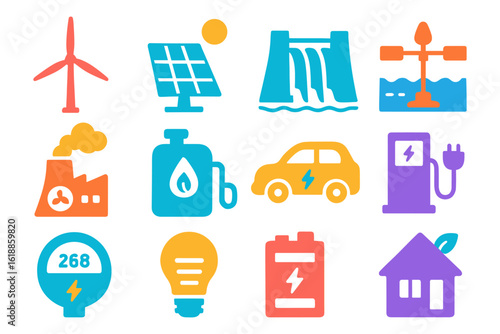 Bright icons of renewable energy sources and clean technology