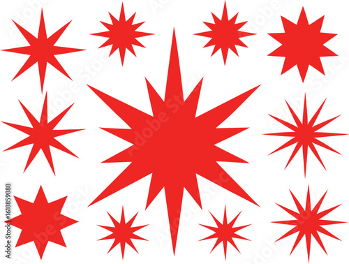 Collection of red starbursts silhouette isolated on transparent background