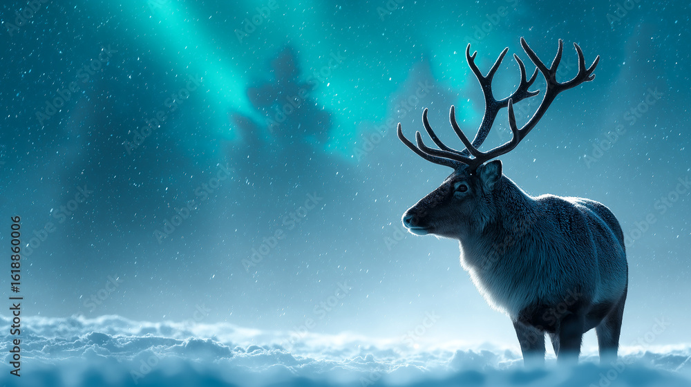Reindeer standing alone in snowy landscape under northern lights and falling snow Reindeer standing alone in snowy landscape under northern lights and falling snow