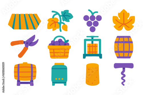 Colorful wine harvest collection featuring grapes, leaves, and winemaking tools in flat design