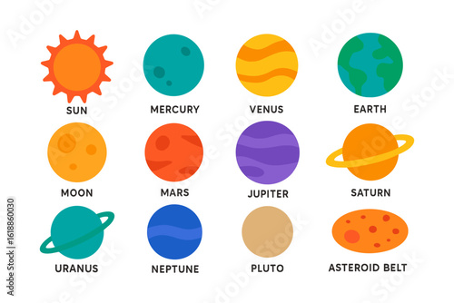 Playful solar system icons featuring sun, planets, and asteroid belt