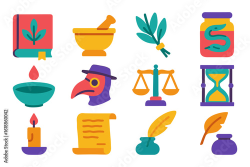 Flat medieval medicine icons: herbal remedies, alchemy, and symbolism