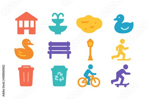 Colorful flat icons of park activities and amenities for urban recreation design