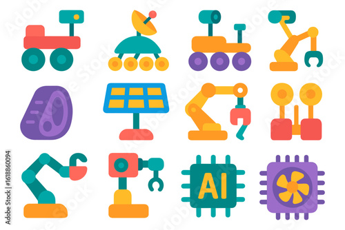 Colorful robotics and ai symbols in modern flat design