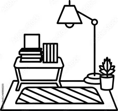 cozy study corner with warm rug lamp and books