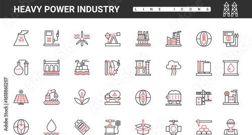Heavy industry, power station plant and energy production thin red and black line icons set vector illustration. Abstract oil and gas, coal extraction, refinery factory, constructions and chimneys
