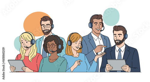 Diverse group of customer service representatives wearing headsets and using tablets to assist clients effectively