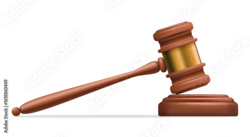 3d judge gavel in court table vector illustration. Realistic wooden hammer, ancient symbol of law, adjudication and judicial order, mallet of judiciary isolated on white. Justice, judgement concept