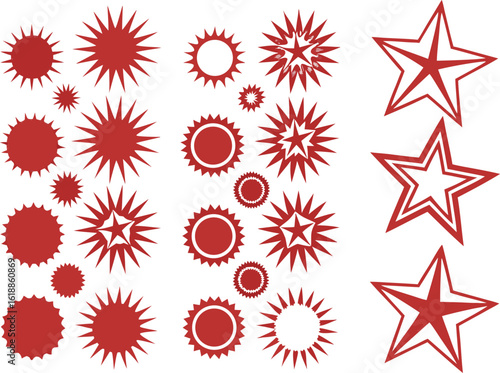 Collection of red starbursts and stars silhouette isolated on transparent background