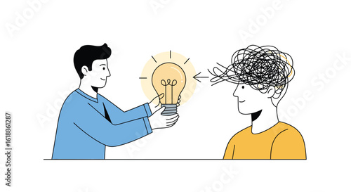Person shares a bright idea lightbulb to another person whose mind is a messy tangle of thoughts and confusion showing how to find clarity and understanding