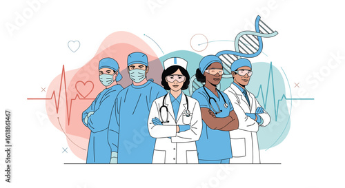Diverse medical professionals united in healthcare dedicated to patient wellbeing and health services