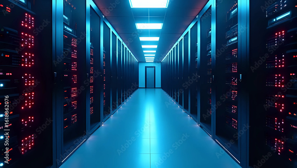 Fototapeta premium Futuristic server room corridor, server racks, with glowing blue and red lights - data center, cloud computing, https, and digital technology infrastructure concept