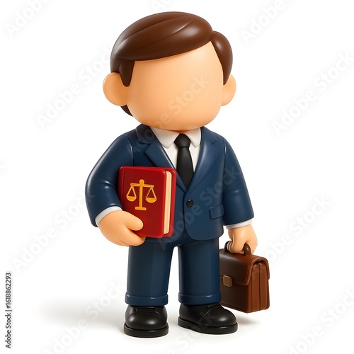 3D cartoon male lawyer character holding law book and briefcase in toy style