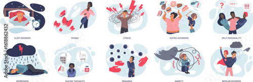 Mental disorders set infographic vector illustration. Cartoon depressed sick male and female characters with anxiety and stress, trauma and psychological problem isolated on white. Psychiatry concept
